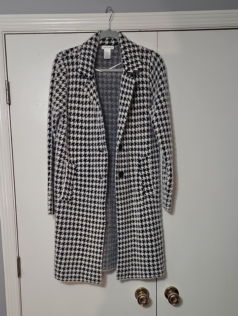 Max Studio Black and White Houndstooth Longline Trench Coat Sz Sm/Med Oversized